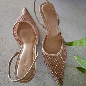 NA-KD Nude Mesh Crystal Embellished Slingback Kitten Heels – Size 8.5 – NWT
